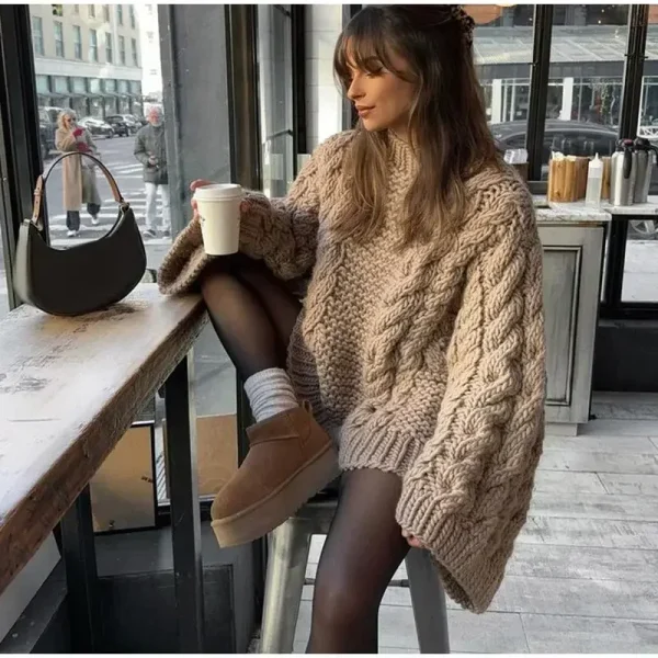Yaminiya Abbigliamento invernale Donna Dolcevita da donna Manica lunga Maglione rosa Prairie Chic Solid Vintage Maglione Pullover oversize 4