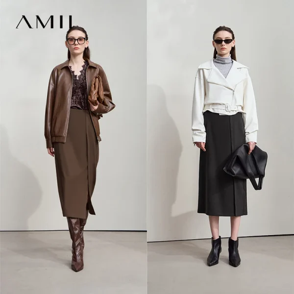 AMII Minimalista Donna Marrone Gonne 2025 Autunno Retro Twill spazzolato Spacco laterale Office Lady Midi Gonne Donna Abbigliamento 12543057 6