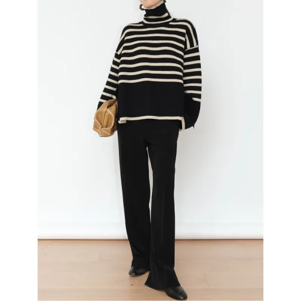 Maglione dolcevita a righe da donna2023Nuovo cappotto pullover in maglia di nicchia dal design ampio autunno e inverno 4