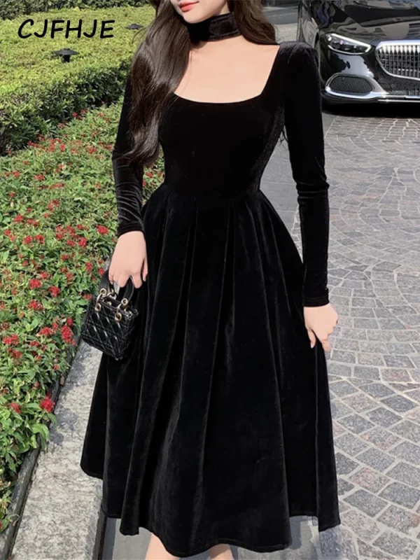 CJFHJE Black Velvet Evening Party Midi Dresses France Vintage Elegant Lady Dress New Winter coreano One Piece Dress donna autunno 2