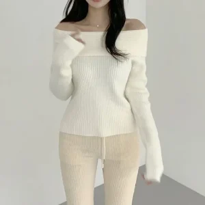 Stile coreano Puro desiderio Maglione lavorato a maglia monospalla Manica lunga ispessita Slim Fit Abiti autunnali alla moda da donna 1