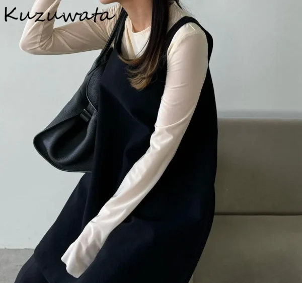 Kuzuwata nuovo colletto quadrato senza maniche abito elegante Slim Fit a-line vita allentata abiti morbidi giappone nuovo gilet cinghie Casual Robe 3
