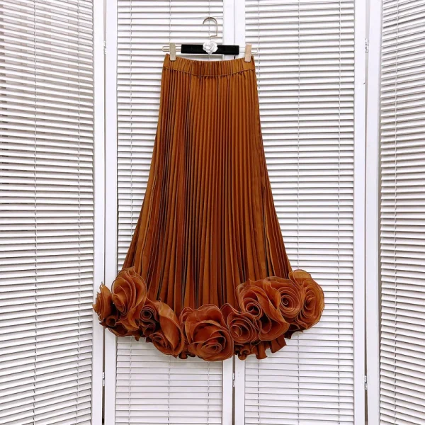 Eleganza francese Temperamento Elastico a vita alta A-line Gonna a pieghe fiore 3D Moda Versatile Gonne lunghe Donna Primavera 2025 5