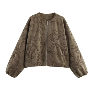 Elegante giacca con superficie in pelle scamosciata da donna con motivo ricamato Top casual autunno inverno moda streetwear per donna 1