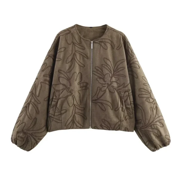 Elegante giacca con superficie in pelle scamosciata da donna con motivo ricamato Top casual autunno inverno moda streetwear per donna 1