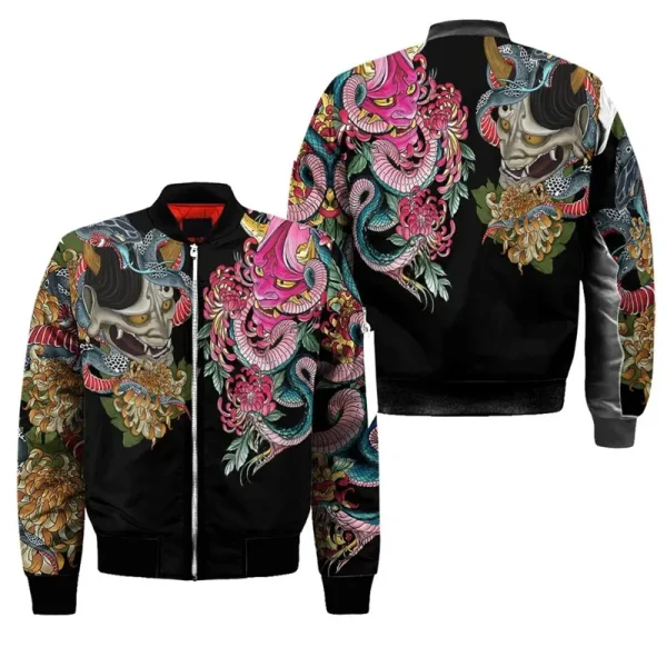 Primavera autunno Mens Bomber Jacket Samurai Oni Mask Tattoo 3D All Over stampato Zip tute Unisex Casual Zipper Jacket abbigliamento 6