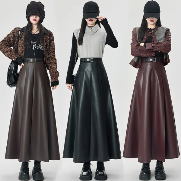 Gonna lunga ombrello da donna in pelle PU nera a vita alta autunno inverno con cintura 2025 nuove gonne a trapezio dritte vintage femminili 2