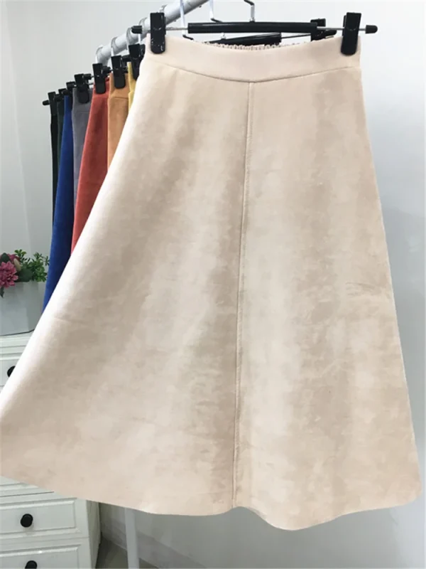 REALEFT Nuovo 2025 Autunno Inverno Donna Pelle Scamosciata Midi Gonne A Vita Alta Multi Colore Elegante A-Line Gonne Ombrello Gonna da Donna Femminile 4