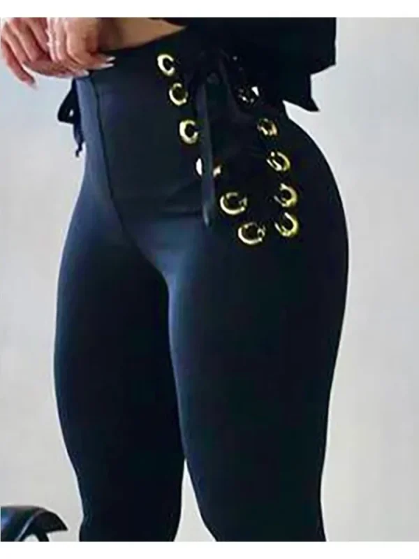 Pantaloni con design con cerniera per donna Pantaloni cargo casual senza cintura Vita alta Occhiello con lacci Pantaloni skinny con dettagli legati Streetwear 5