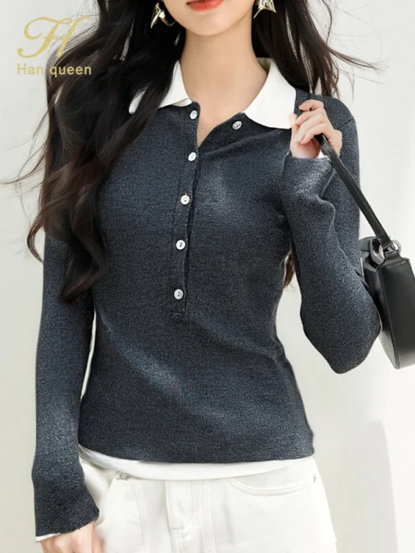 H Han Queen 2025 Abiti autunnali di base Pullover Maglione da donna semplice Elasticità elegante Top da donna casual coreano a maniche lunghe 3