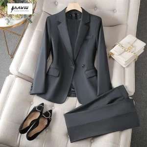 NAVIU grey Suits donna New Autumn Fashion Temerament professionale manica lunga Slim Blazer e pantaloni set Office Lady Work Wear 1
