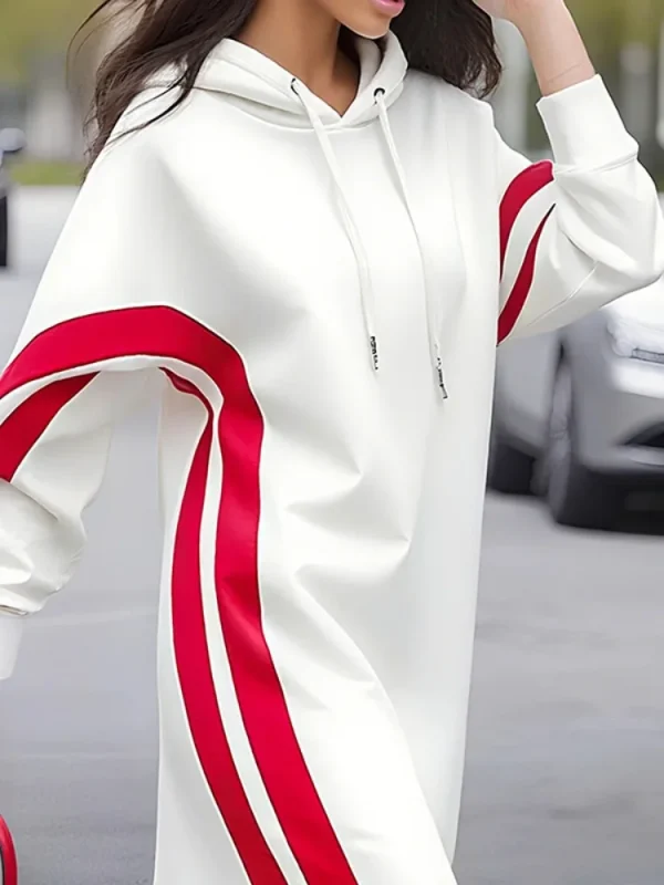 UOOZEE Abito longuette con cappuccio a righe con coulisse alla moda da donna Colore a contrasto Maniche lunghe Abiti lunghi bianchi da ufficio casual larghi 2