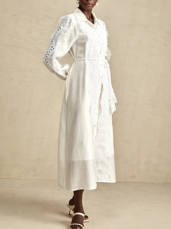 TWOTWINSTYLE Abito elegante ricamato per donna Risvolto Manica a lanterna Vita alta Patchwork Monopetto Abiti eleganti Donna 2