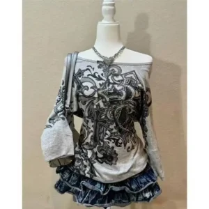 Onalippa American Retro Cross Print T-shirt a maniche lunghe con una spalla Donna Autunno Slim Fit Dimagrante Top con diamanti pressati a caldo 1