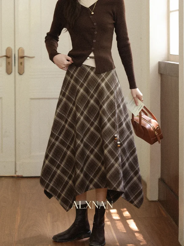 ALXNAN Gonna irregolare scozzese nera Donna Elegante lunga A-line Gonne longuette a quadretti 2025 Autunno Inverno Abbigliamento femminile L57278-1 5