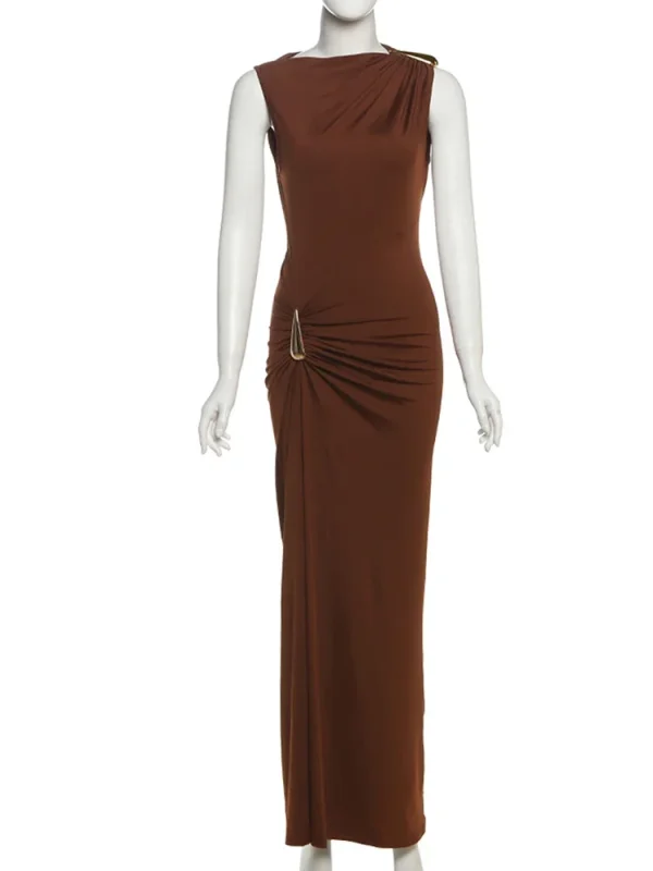 kliou Classic Metal Splice Abiti da donna Elegante girocollo senza maniche increspato dritto Maxi aderente Mujer Party Trend Vestidos 6