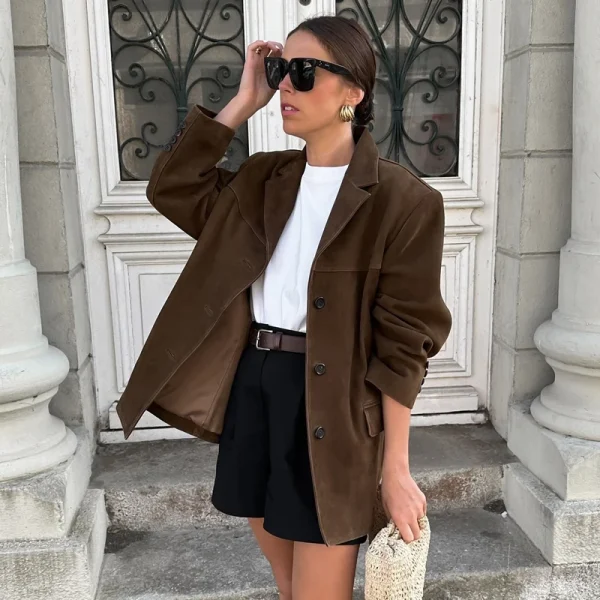 HXAO Giacca da donna Old Money Giacche Giacca in pelle scamosciata marrone Cappotto Giacca vintage da mezza stagione Autunno Inverno Novità in capispalla 3
