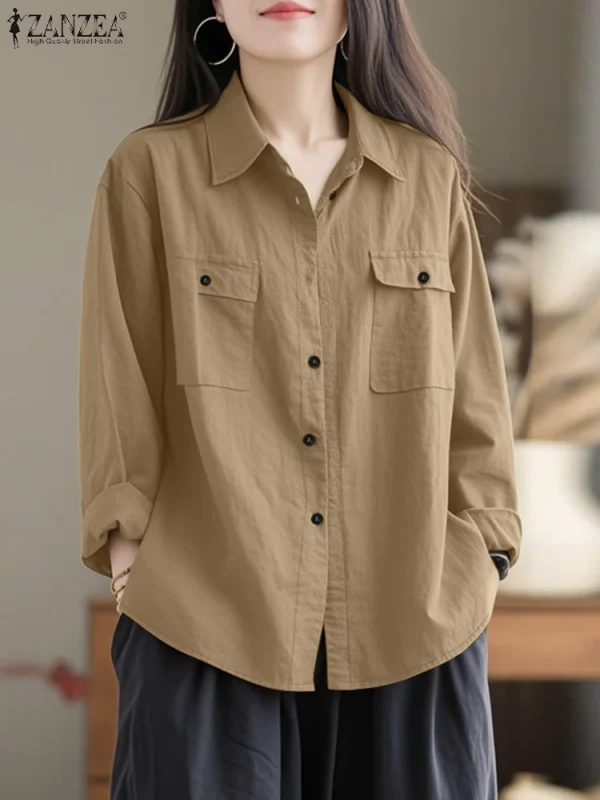 2025 ZANZEA Camicia moda autunno Camicetta da donna Collo con risvolto Top a maniche lunghe Elegante Solido Allentato OL Camicie da lavoro Tunica Blusas Femme 1