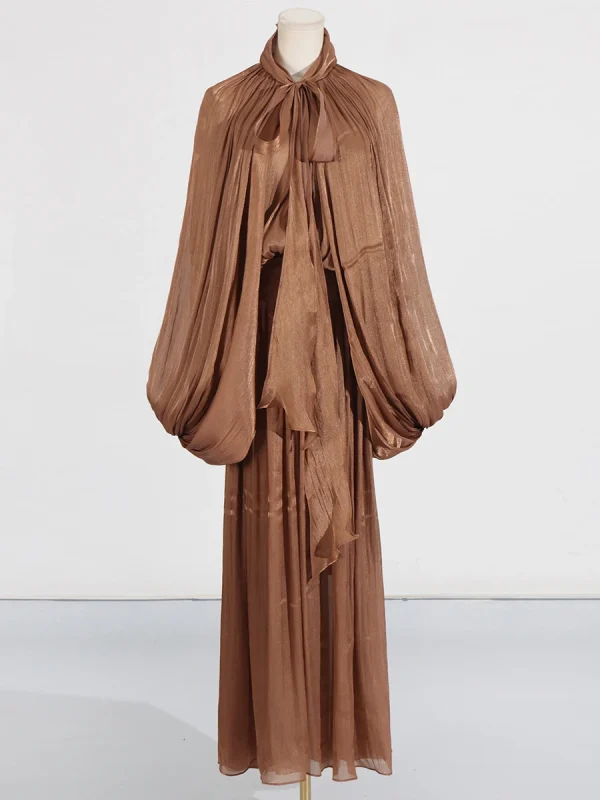 VGH Minimalista Pieghe Impiombate Maxi Abiti per Le Donne Sciarpa Colletto Manica Lanterna Vita Allentata Temperamento Casual Vestito Femminile Nuovo 4