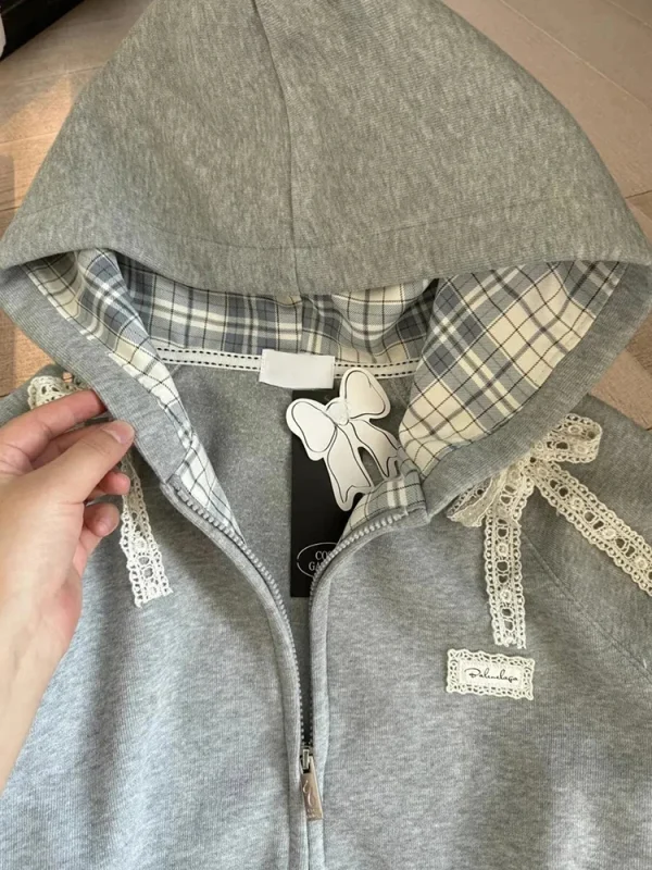 Zoki Felpe con cappuccio patchwork in pizzo da donna Felpa a maniche lunghe con fiocco carino Stile preppy giapponese Dolce manica lunga allentata Capispalla femminile grigio 4