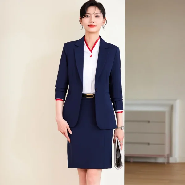 NAVIU Set di pezzi da traino Completi da donna 2024 Nuove signore da ufficio Elegante scollo a V Manica lunga Giacca sottile Solido Gonna sottile Abiti Rosso 3