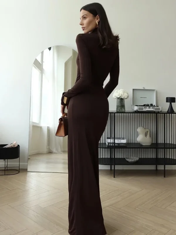 Abito lungo sexy con spacco alto e collo alto per le donne Abito lungo da club aderente con fasciatura drappeggiata a maniche lunghe alla moda 5