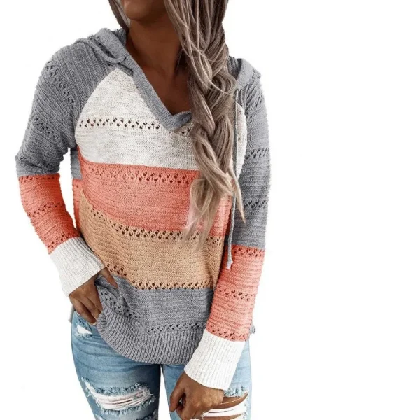 Maglione con cappuccio Patchwork da donna maglione lavorato a maglia a maniche lunghe Casual maglioni Pullover eleganti a righe autunno inverno Plus Size 6