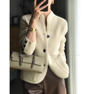 Autunno inverno nuovo addensato 100% Cashmere lana Cardigan donna Stand collo maglione maglione sciolto maglia Base maglione di lana giacca 1