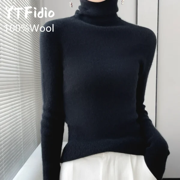 YTFidio 100% lana donna collo a pelo a righe colletto a pelo maglioni a maniche lunghe Pullover solido maglieria Basic 99 4