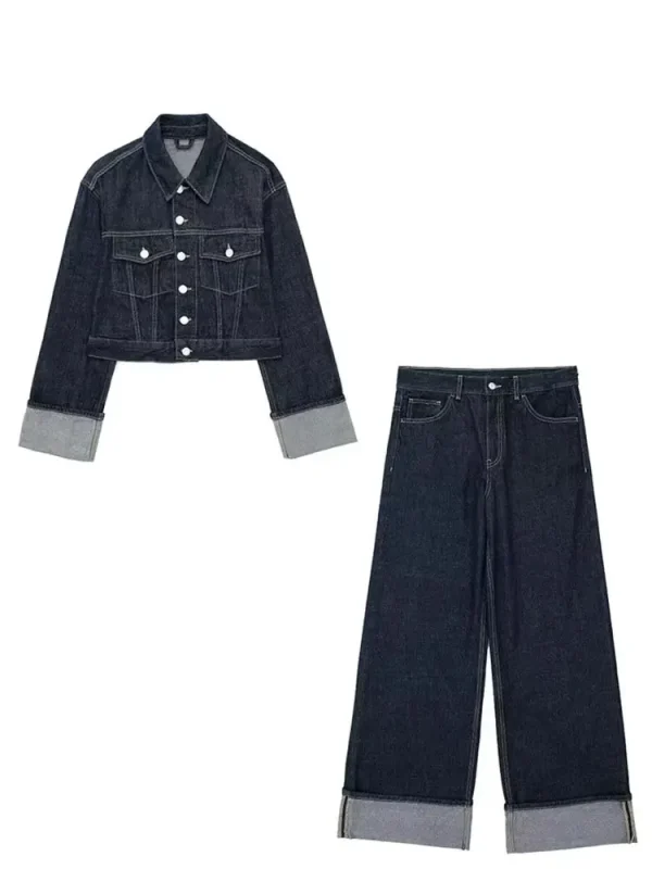 HH Set di pantaloni da giacca di jeans vintage da donna Cappotto monopetto con risvolto a maniche lunghe Pantaloni a gamba larga Jeans Abiti da strada 2