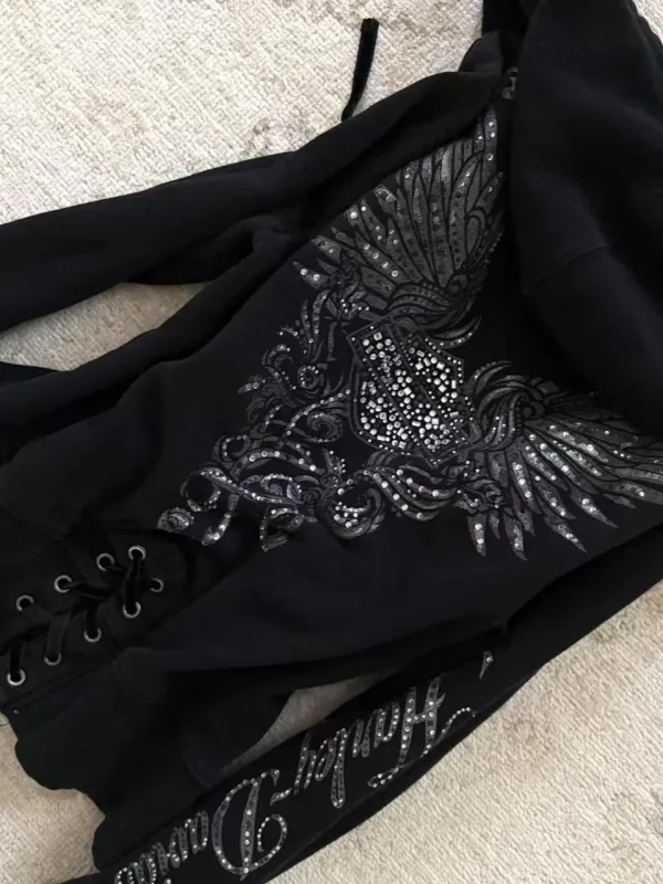 Y2K Felpa con coulisse design gotico con cerniera nera Giacca da donna Cappotto Harajuku Lettera Grafica Felpa con cappuccio sottile sexy Abbigliamento autunnale 2