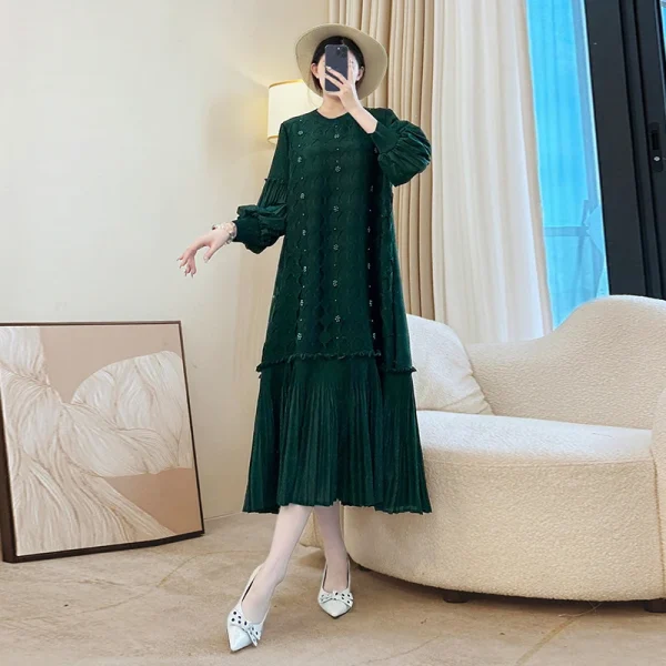 LANMREM Nicchia Perline Design Abito da donna a pieghe larghe Colletto tondo Manica a lanterna Scava fuori Patchwork Famale Abbigliamento DB5110 3