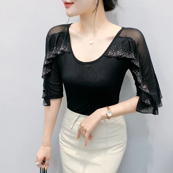 2025 Primavera Estate Maglia Top Moda coreana Girocollo Patchwork Foglia di loto Increspature Camicia Hot Diamond Donna T Shirt 4