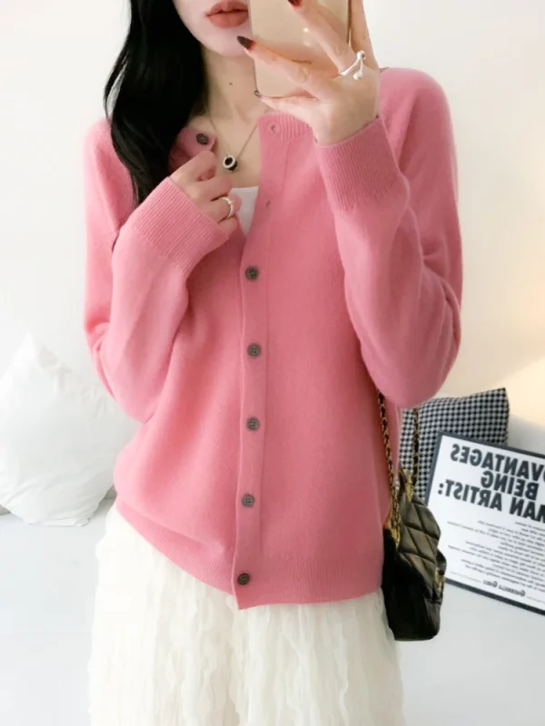 100% lana merino maglieria autunno inverno Grace tinta unita Nozioni di base cardigan morbido caldo casual maglione con o-collo donna abbigliamento top 3