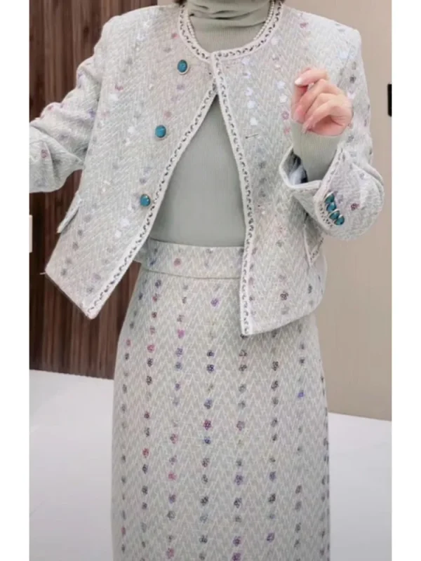 O-Collo Piccolo Profumato Manica Lunga Abbigliamento Donna 2025 Autunno Coreano Chic Abito Elegante Casual Semplice Nicchia Femminile Due Pezzi Set 4