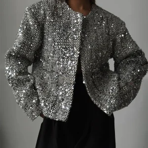 Cappotto d'argento Chic moda donna Casual caldo Chic elegante cappotti femminili autunno giacca di paillettes allentata abbigliamento donna 1