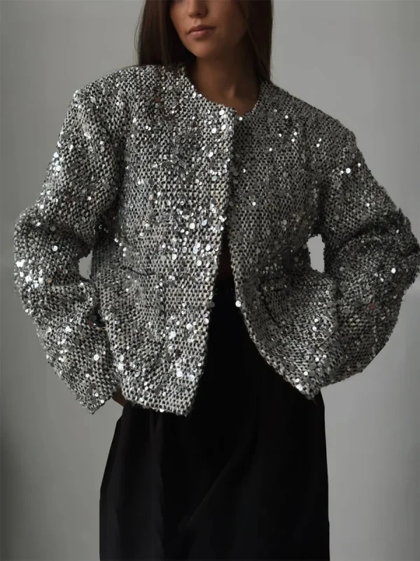 Cappotto d'argento Chic moda donna Casual caldo Chic elegante cappotti femminili autunno giacca di paillettes allentata abbigliamento donna 1