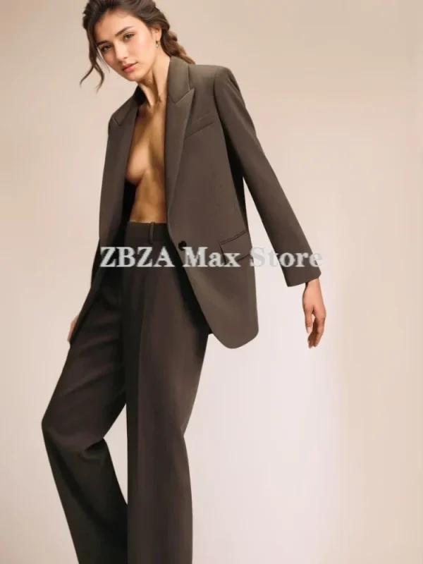 ZBZA Donna Moda 2025 Autunno Marrone Office Lady Donna Abiti Allentato Scollo a V Giacca + Pantaloni a gamba lunga a vita alta Set da donna vintage 3