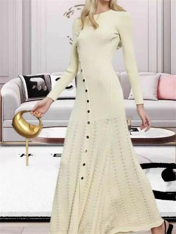 Abito da donna in maglia sottile con fibbia diagonale in metallo a maniche lunghe con spacco elegante 1