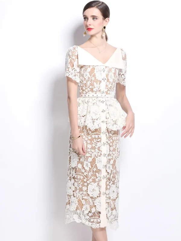 SMTHMA Abito elegante con risvolto a maniche corte in pizzo con temperamento scavato Abiti estivi a vita sottile da donna con cintura 2
