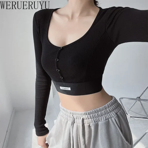 T-shirt a maniche lunghe Crop Top Donna Y2k Vestiti Autunno Inverno Moda coreana Tinta unita Bottoni T-shirt lavorate a maglia per le donne 2024 3