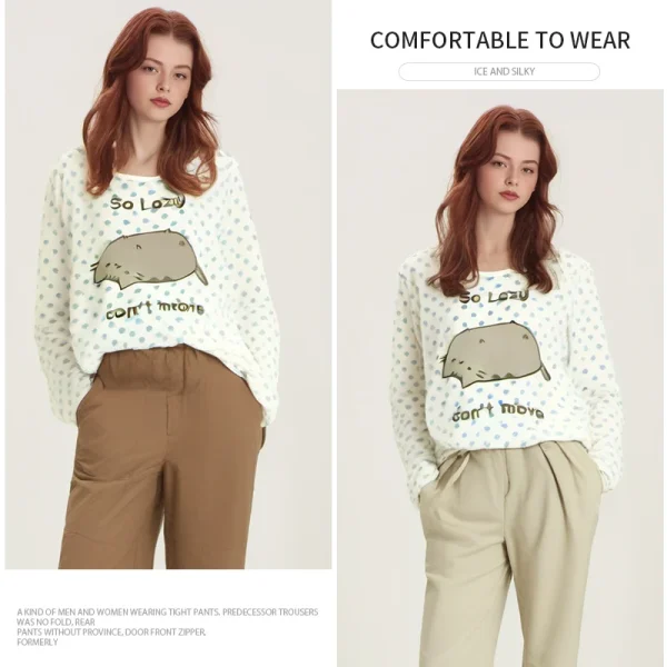Polka Dot Donna Abbigliamento y2k T-shirt carine Gatto pigro Stampa Anime Abbigliamento femminile Abiti morbidi Pigiama Casual Top a maniche lunghe 4