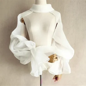 Coprispalle da sposa in organza con maniche a tromba gonfie e collo alto, senza schienale, bolero da sposa, giacca da sposa, coprispalle da festa formale, mantello da donna 1