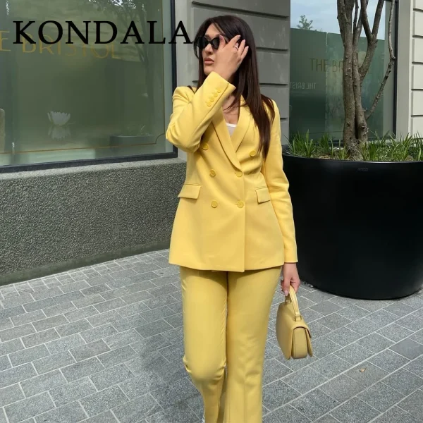 KONDALA 2025 Autunno Inverno Burro Giallo Office Lady Abiti Moda Doppio Petto Coprispalle Couverture Colletto Blazer Chic Pantaloni solidi 2
