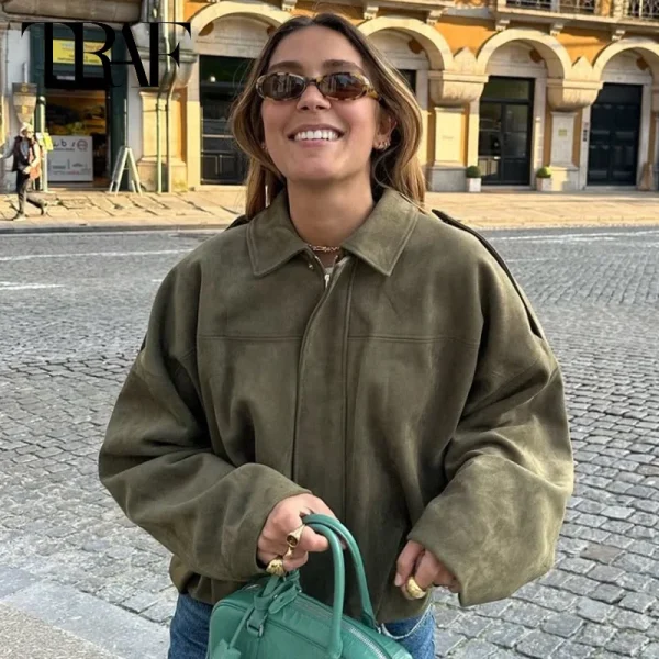 HXAO Giacca bomber da donna Giacca in pelle scamosciata con cerniera a maniche lunghe con risvolto Donna 2025 High Street Giacche da corsa corte Cappotti Capispalla 3