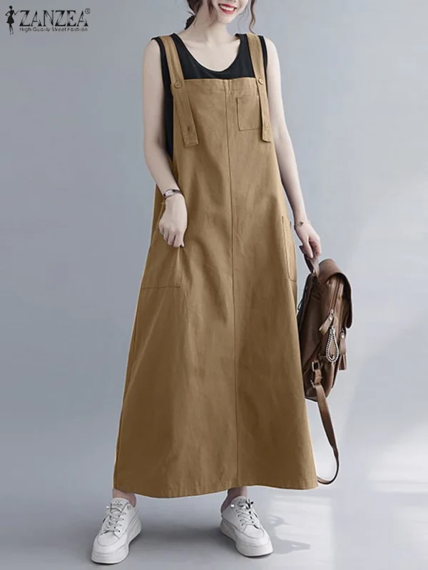 ZANZEA Spalline Regolabili Abiti 2023 Donne di Estate Senza Maniche Maxi Vestito di Moda Abbigliamento Da Lavoro Tasche Abiti Streetwear 3