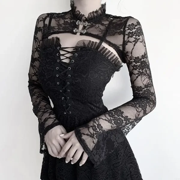 L93f Women Women Fleeve Vintage Long Slee Bolero Stand Collar Floral Lace Grolla 3