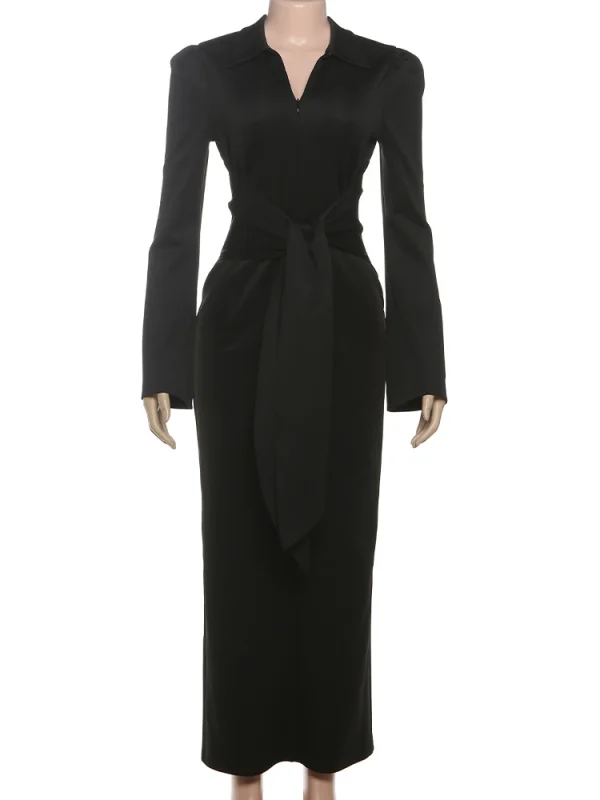Abito lungo imbottito con spalle scoperte Nibber Abito da donna sexy con fasciatura avvolta con zip Manica lunga con spacco Elegante ufficio solido Semplice aderente attillato 6