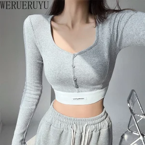 T-shirt a maniche lunghe Crop Top Donna Y2k Vestiti Autunno Inverno Moda coreana Tinta unita Bottoni T-shirt lavorate a maglia per le donne 2024 1