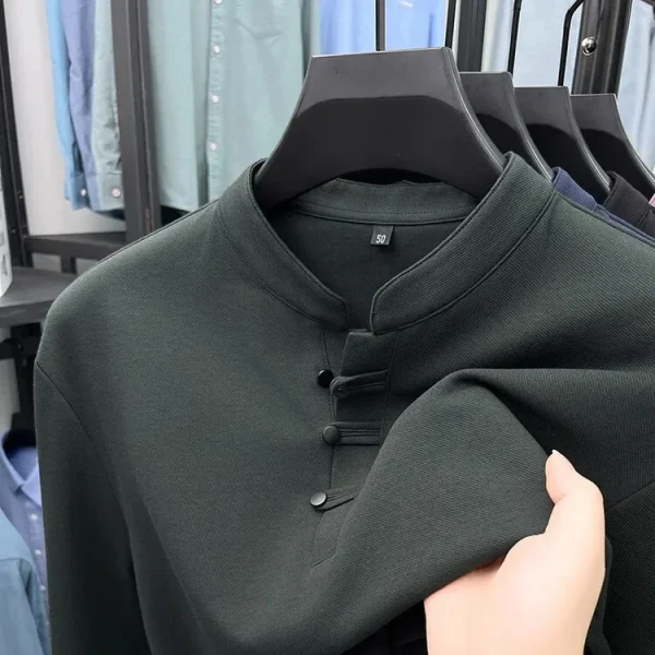 T-shirt a maniche lunghe da uomo 2024 nuova primavera e autunno felpa con cappuccio casual da uomo in stile cinese con colletto rialzato con base in cotone 3